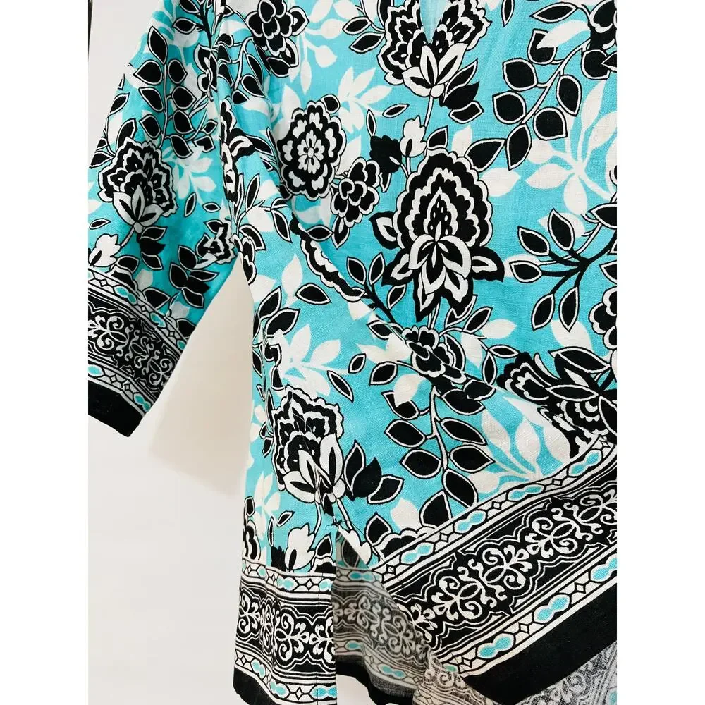 JM Collection Blouse Womens size 12 Blue100% Linen Floral V Neck 3/4 Sleeves - Picture 4 of 5